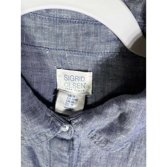 Sigrid Olsen Linen Button Up Shirt Womens Size Medium Blue Roll Tab Sleeve FLAW - Picture 4 of 16